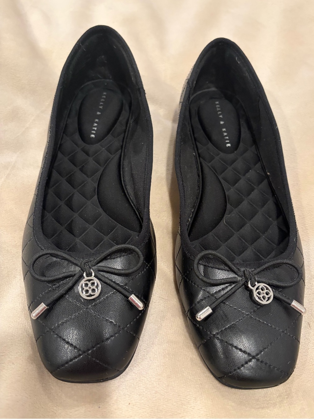 Kelly & Katie Black Quilted Ballet Flats with Bow and Charm